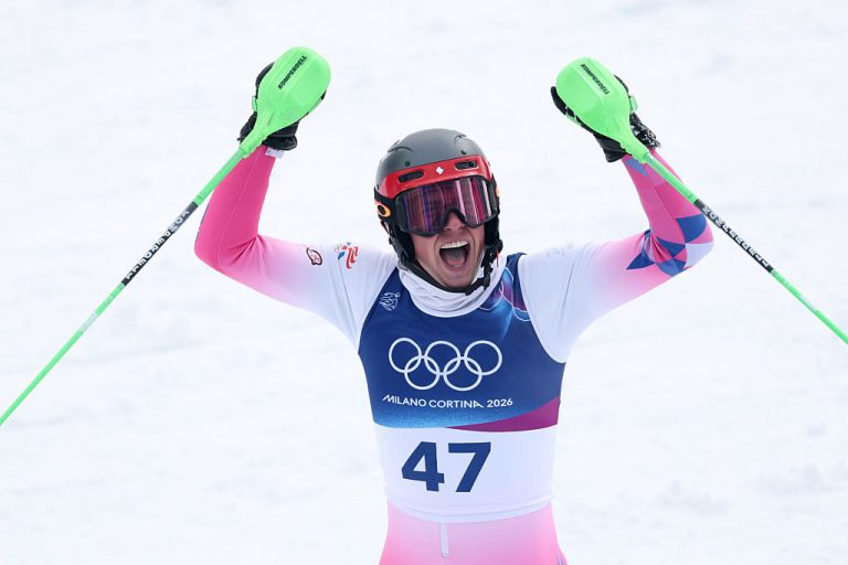 BORMIO, ITALY - FEBRUARY 16: Jon Erik Sigurdsson of Team Iceland reacts in the finish area during the Men's Slalom Run on day ten of the Milano Cortina 2026 Winter Olympics at Stelvio Alpine Skiing Centre on February 16, 2026 in Bormio, Italy. (Photo by Dustin Satloff/Getty Images)